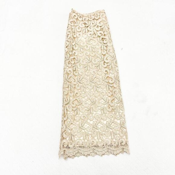 Marina Lace Scalloped Hem Skirt Cream Gold Back Slit Size M - Picture 6 of 6